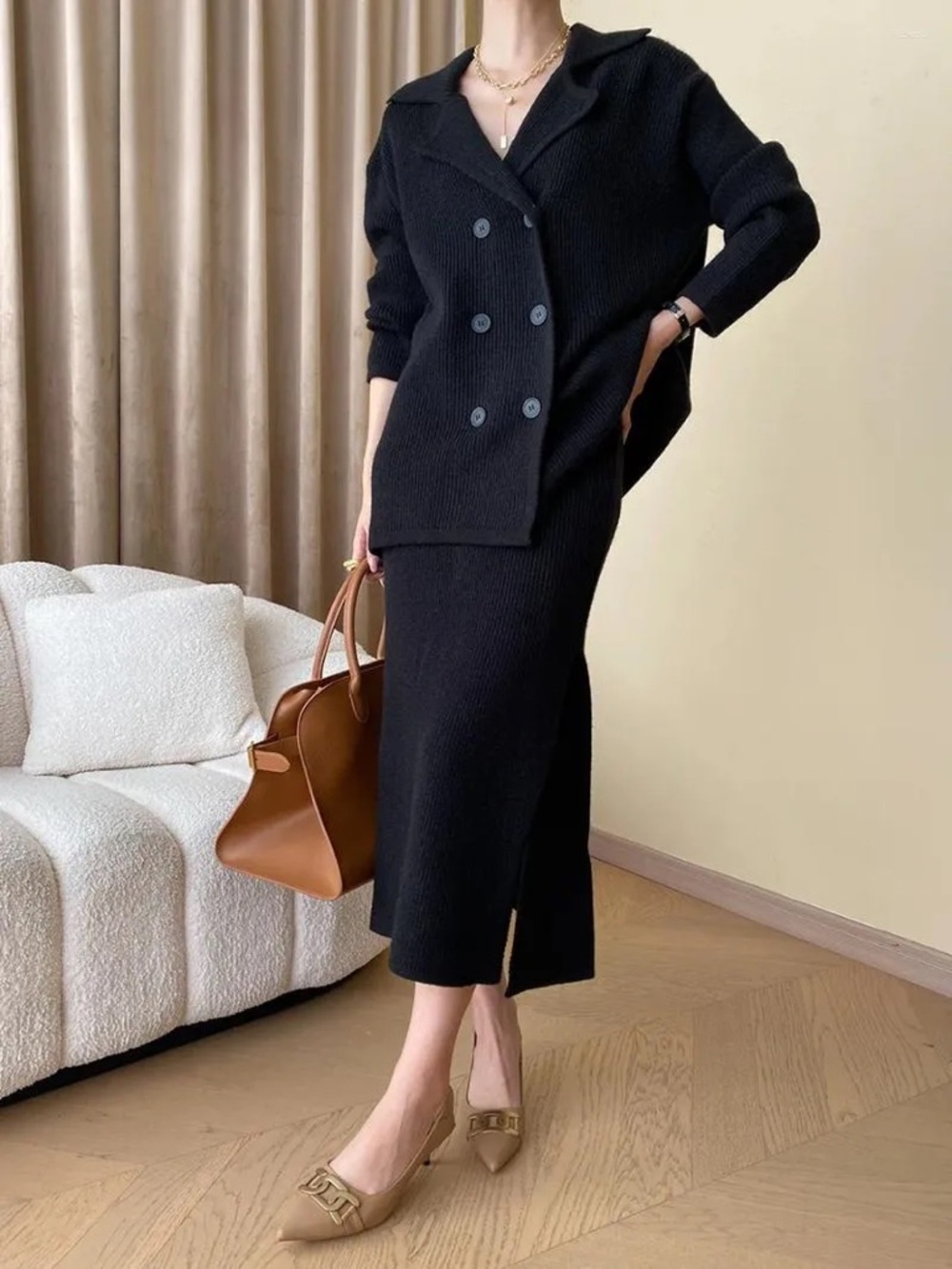 Black Knit Midi Skirt and Cardigan Blazer set